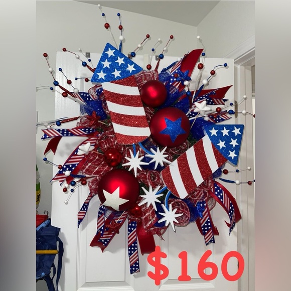 Patriotic Holiday Wreath with Red White and Blue Accents